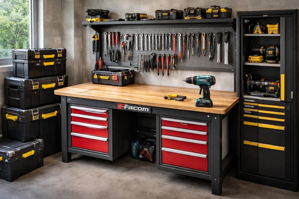 Équiper votre atelier avec établi Facom, rangement Stanley et perceuse Makita